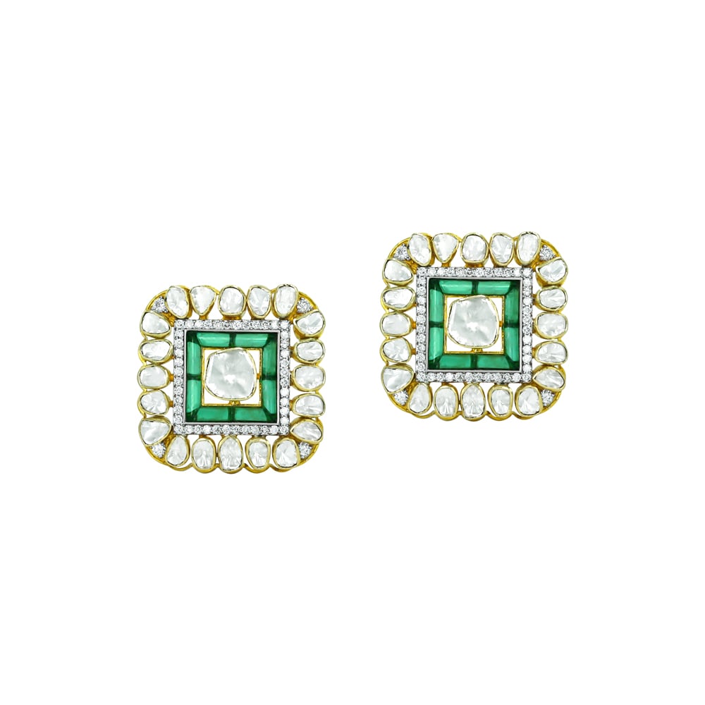 Square Polki Studs with Green Talaf